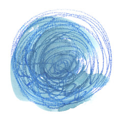 Artistic blue circle painted in watercolor and pencil on clean white background