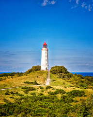 Classic view of the famous Lighthouse Dornbusch on the beautiful island Hiddensee in summer, Baltic...