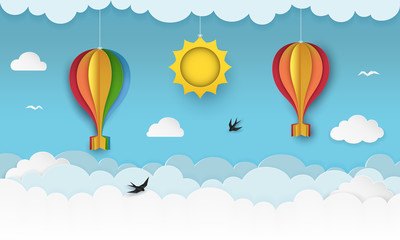 Clear blue sky with clouds, flying birds, hanging sun and hot air balloons with bows. Swallows flying in the sky. Paper craft summer scenery background. Cute cartoon wallpaper. Vector Illustration.