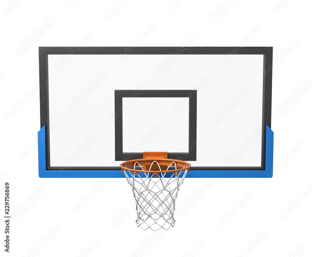Poster 3d rendering of a basketball hoop with an empty basket and black and white backboard.