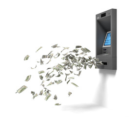 3d rendering of a wall bank ATM machine with green banknotes flying out of it.
