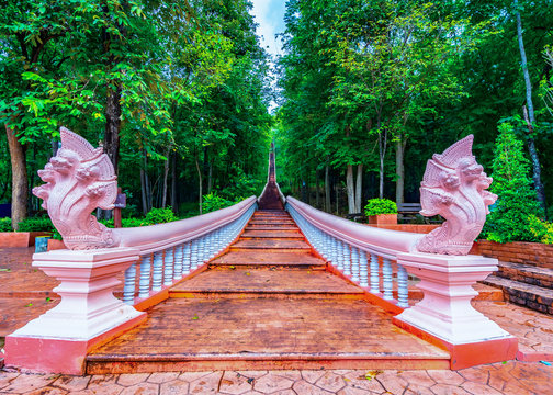 Nagas statue at the entrance of the temple at Khao Kradong forest natural park in Burirum province of Thailand