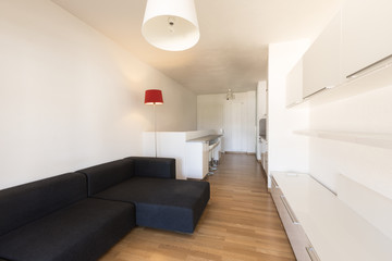 Living room with dark couch