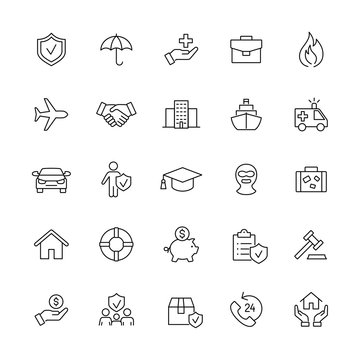 insurance accident contract line black icons set
