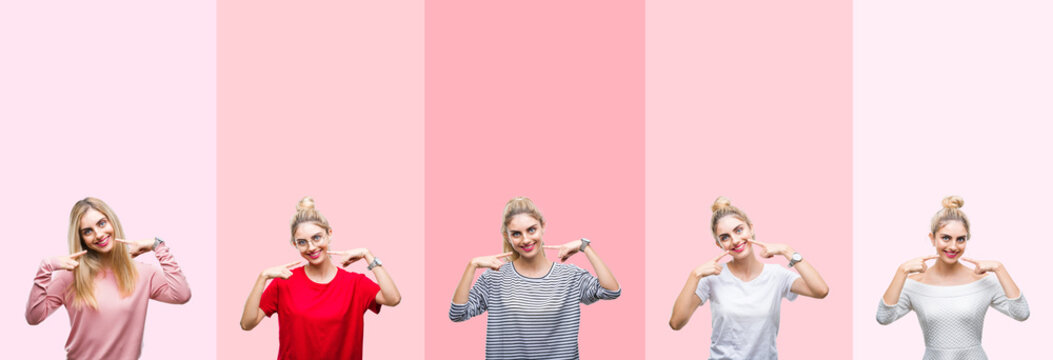 Collage of young beautiful blonde woman over vivid colorful vintage pink isolated background smiling confident showing and pointing with fingers teeth and mouth. Health concept.