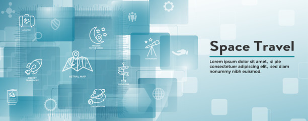 Space Travel or Tourism Web Header Banner with spaceship, telescope, and planets