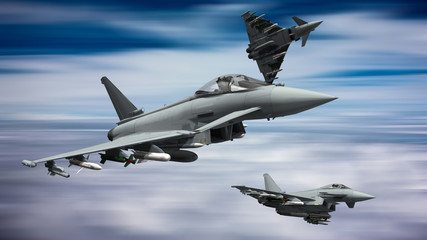 armed military fighter jets flying on the speed 