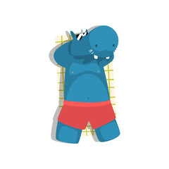 Behemoth sunbathing on the beach, cute animal cartoon character relaxing on the seashore at summer vacation vector Illustration on a white background