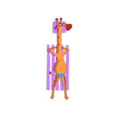 Giraffe sunbathing on the beach, cute animal cartoon character relaxing on the seashore at summer vacation vector Illustration on a white background