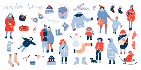 Winter activities. Various people. Cozy winter clothes and other stuff. Big colored vector set. All elements are isolated