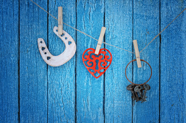 love / valentines day card with wooden heart ,wooden horseshoe and rusty keys