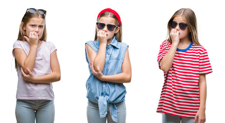 Collage of young little girl kid wearing sunglasses over isolated background looking stressed and nervous with hands on mouth biting nails. Anxiety problem.