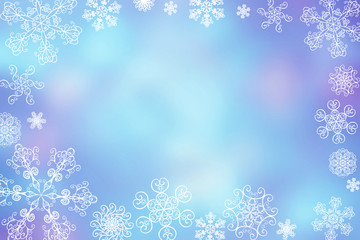 Christmas abstract winter shiny snow bokeh background with unique snowflakes