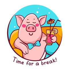 Vector illustration of pink color character pig in blue round frame lying on the sofa in pants with cocktail.