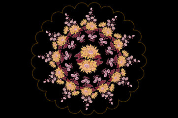 Black background with embroidery wavy frame made of beads with wreath from bouquets with yellow and pink asters