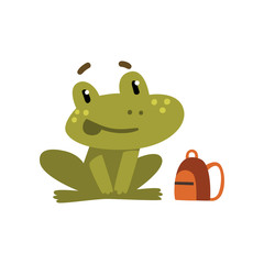 Cute little frog, funny amphibian animal cartoon character, school education and knowledge concept vector Illustration on a white background