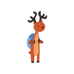 Cute deer animal cartoon character standing with backpack, school education and knowledge concept vector Illustration on a white background