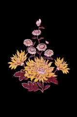 Black background with bouquet for embroidery with yellow and pink asters on burgundy leaves 
