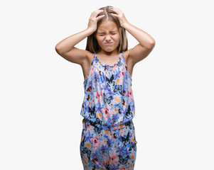 Obraz na płótnie Canvas Young beautiful girl wearing colorful dress over isolated background suffering from headache desperate and stressed because pain and migraine. Hands on head.