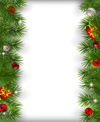Fototapeta na wymiar Borders made of fir branches decorated with baubles and gifts on white background. Christmas background with space for text.
