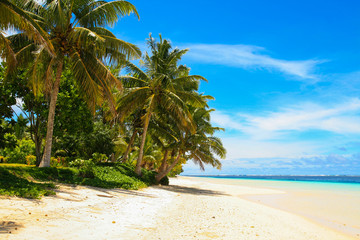 White sandy beach paradise, tropical palm trees and turquoise ocean lagoon, Manase Beach Savai'i...