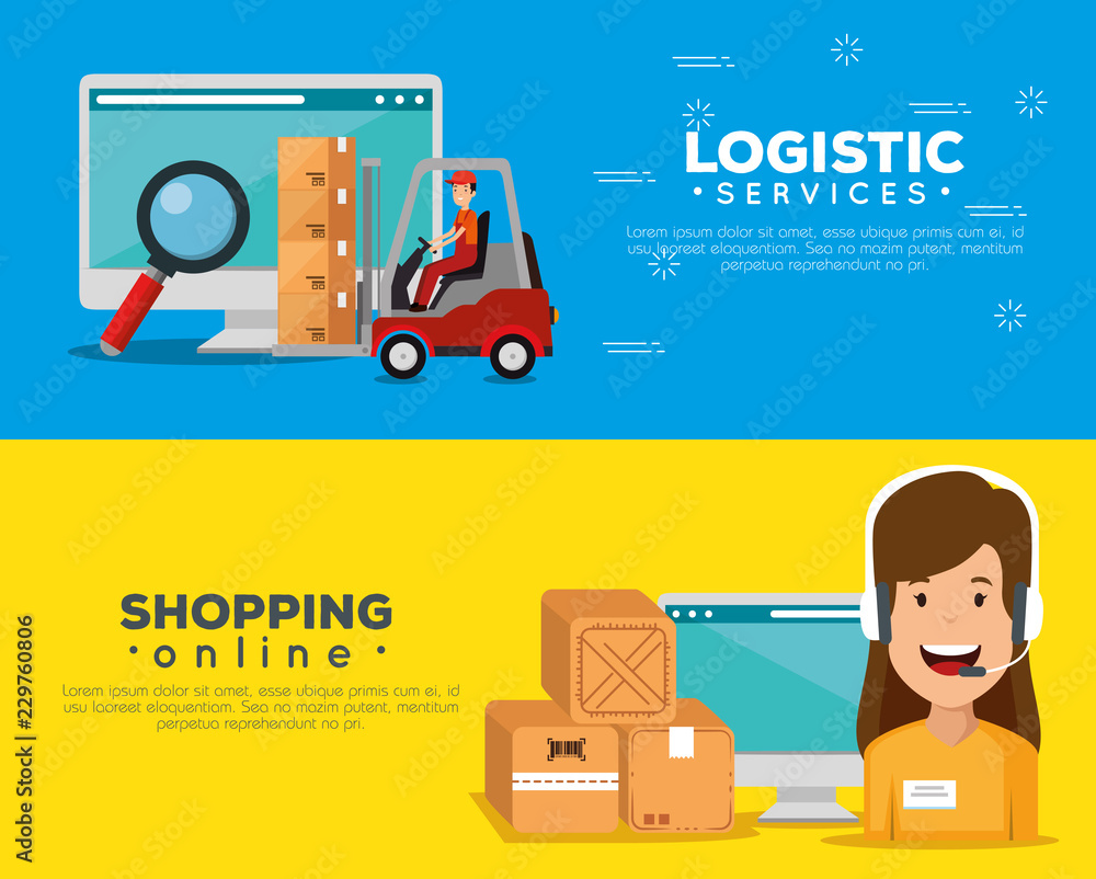 Poster logistic services with support agent and computer