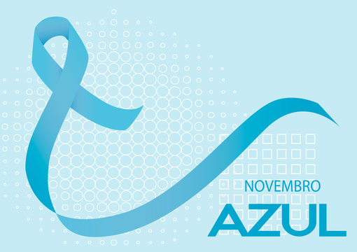 Novembro Azul is blue November in Portuguese. Blue ribbon vector. Prostate cancer awareness month ribbon on geometric background.