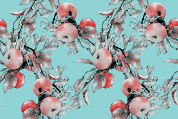 Apple branch seamless pattern. 
Watercolor illustration. 