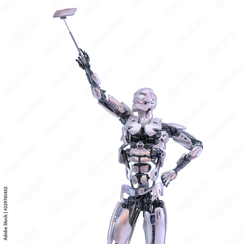 Aufkleber robot android taking selfie on mobile or a smartphone on selfie stick. artificial intelligence conce