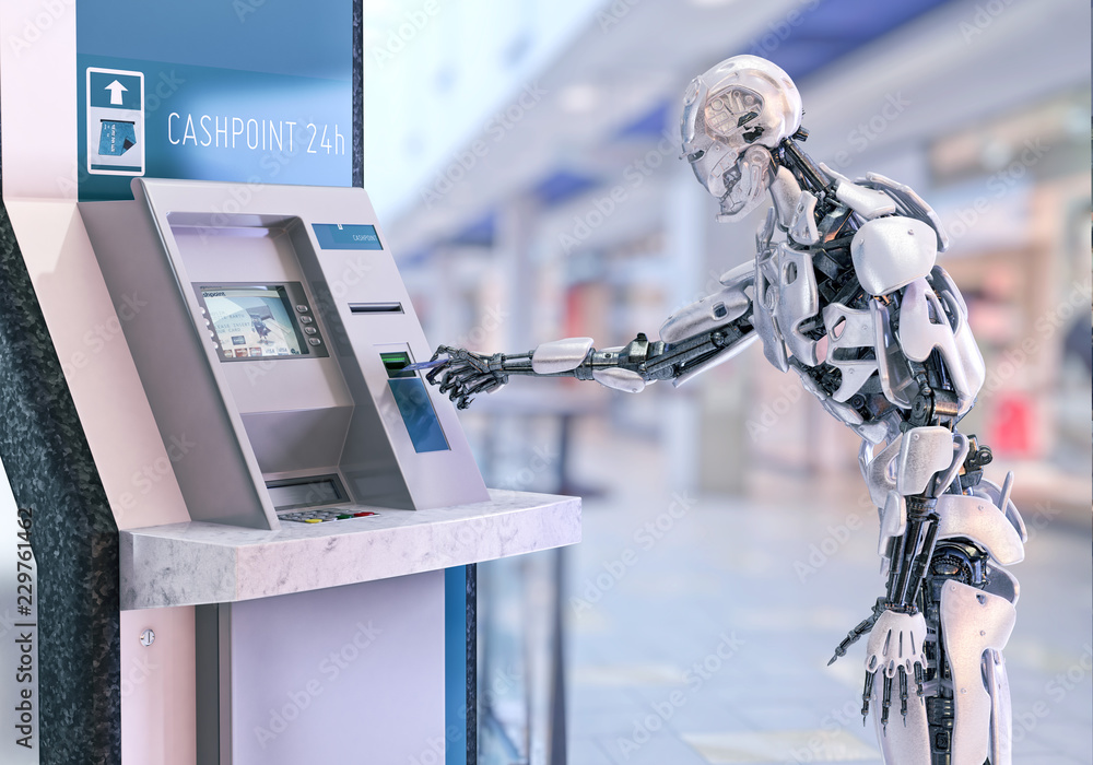 Aufkleber robot android using an automatic teller machine for cash withdrawal. 3d illustration