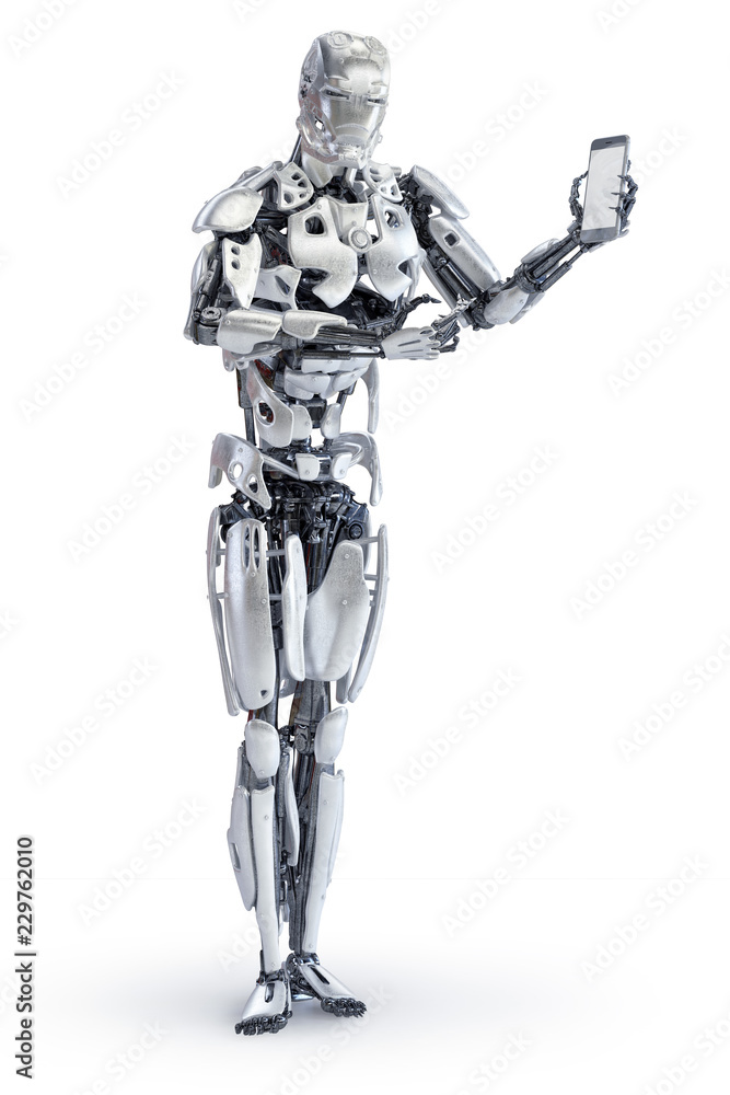 Poster robot pointing finger at smartphone with blank screen. artificial intelligence, science, ai technolo