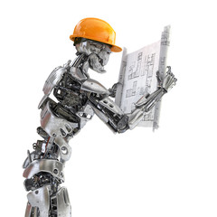 Robot foreman engineer in hardhat holding construction drawings. Android, humanoid or cyborg  technology concept. 3D illustration.