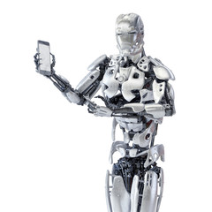 Robot pointing finger at smartphone with blank screen. Android, humanoid or cyborg  technology concept. 3D illustration.