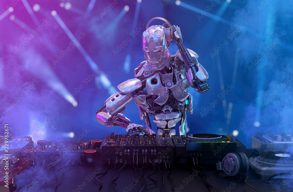 Wall mural robot disc jockey at the dj mixer and turntable plays nightclub during party. entertainment, party c