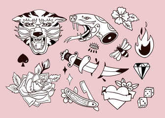 Various traditional style tattoos. Hand drawn vector set. All elements are isolated