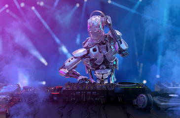 Robot disc jockey at the dj mixer and turntable plays nightclub during party. Entertainment, party concept. 3D illustration - obrazy, fototapety, plakaty