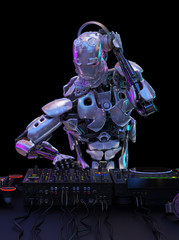 Robot disc jockey at the dj mixer and turntable plays nightclub during party. Entertainment, party concept. 3D illustration