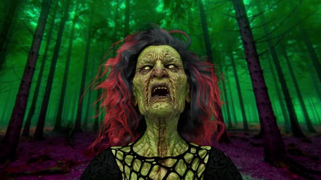 green witch in a woods background