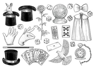 Magician equipment collection illustration, drawing, engraving, ink, line art, vector