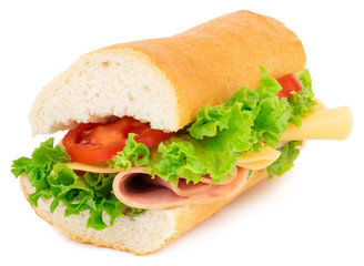 Fresh baguette sandwich with ham, cheese, tomatoes, and lettuce isolated on white background