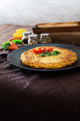 French Omelette with Potatoes, Mushroom and Salad