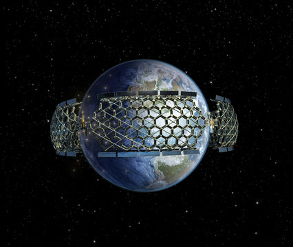 Giant honeycomb space station surrounding Earth.
