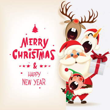 Christmas companions-Santa Claus, Snowman,Reindeer and Elf with textual signboard isolated on a white background
