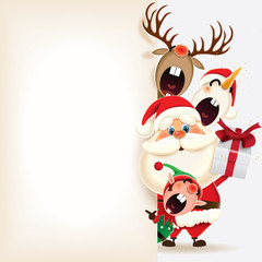 Christmas companions-Santa Claus,Reindeer,Snowman and Elf with blank signboard isolated on a white background