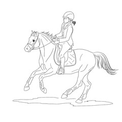 An illustration of a young girl cantering on a big pony.