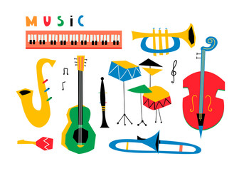 Hand drawn various musical instruments. Mid century style. Colored vector set. All elements are isolated
