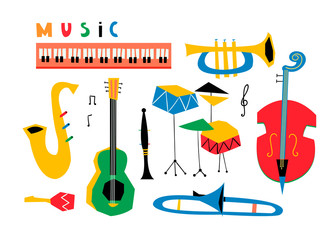 Hand drawn various musical instruments. Mid century style. Colored vector set. All elements are isolated © Dariia