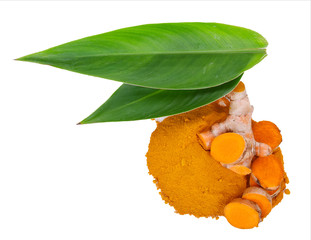 turmeric rhizome and powder on white background