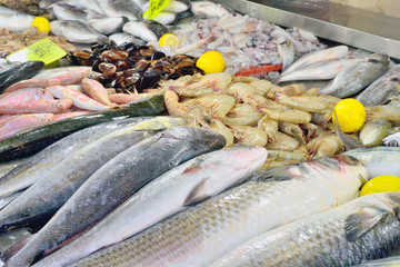 fresh fish, shrimp, mussels and lemon are on the counter
