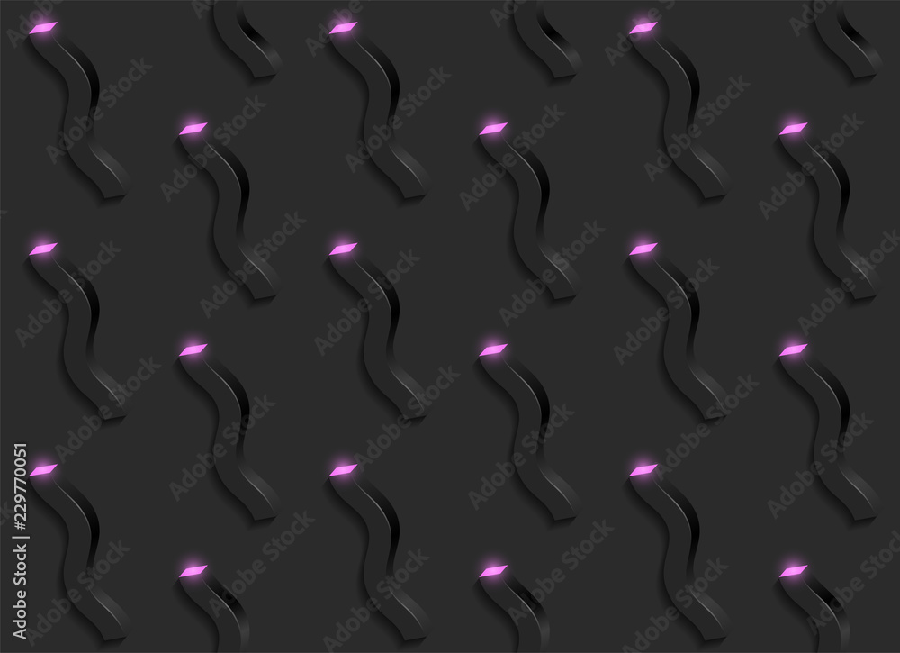 Poster memphis inspired repeating pattern of abstract shapes and pink lights on black background, eps10 vec